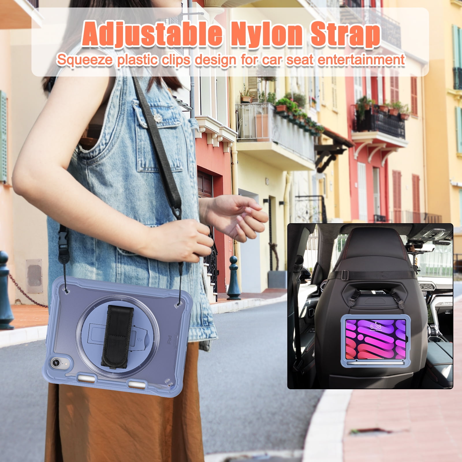 Shockproof Case for Apple iPad mini 6/7, iPad mini 6th 7th Gen Cover, 360 Rotating Stand Translucent Back Cover Shockproof Adjustable Shoulder Strap Kids Friendly with Pencil Holder, Grey