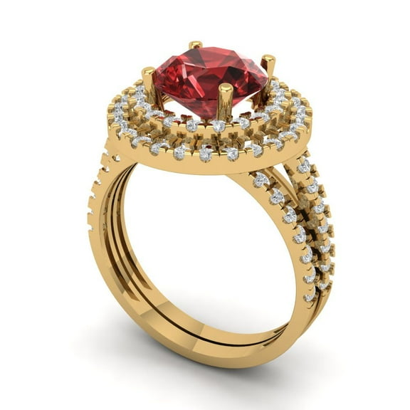 2.68 ct Brilliant Round Cut Natural Garnet 14K Yellow Gold Halo Solitaire with Accents Engagement Bridal Wedding Ring Band Set size 6.25