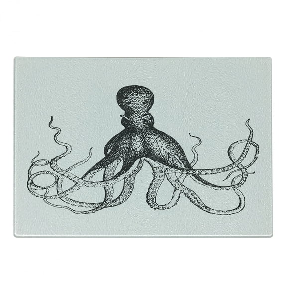 Octopus Cutting Board, Monochrome Marine Animal Tentacles in Sketch Subaquatic Life Art, Decorative Tempered Glass Cutting and Serving Board, Small Size, White Charcoal Grey, by Ambesonne