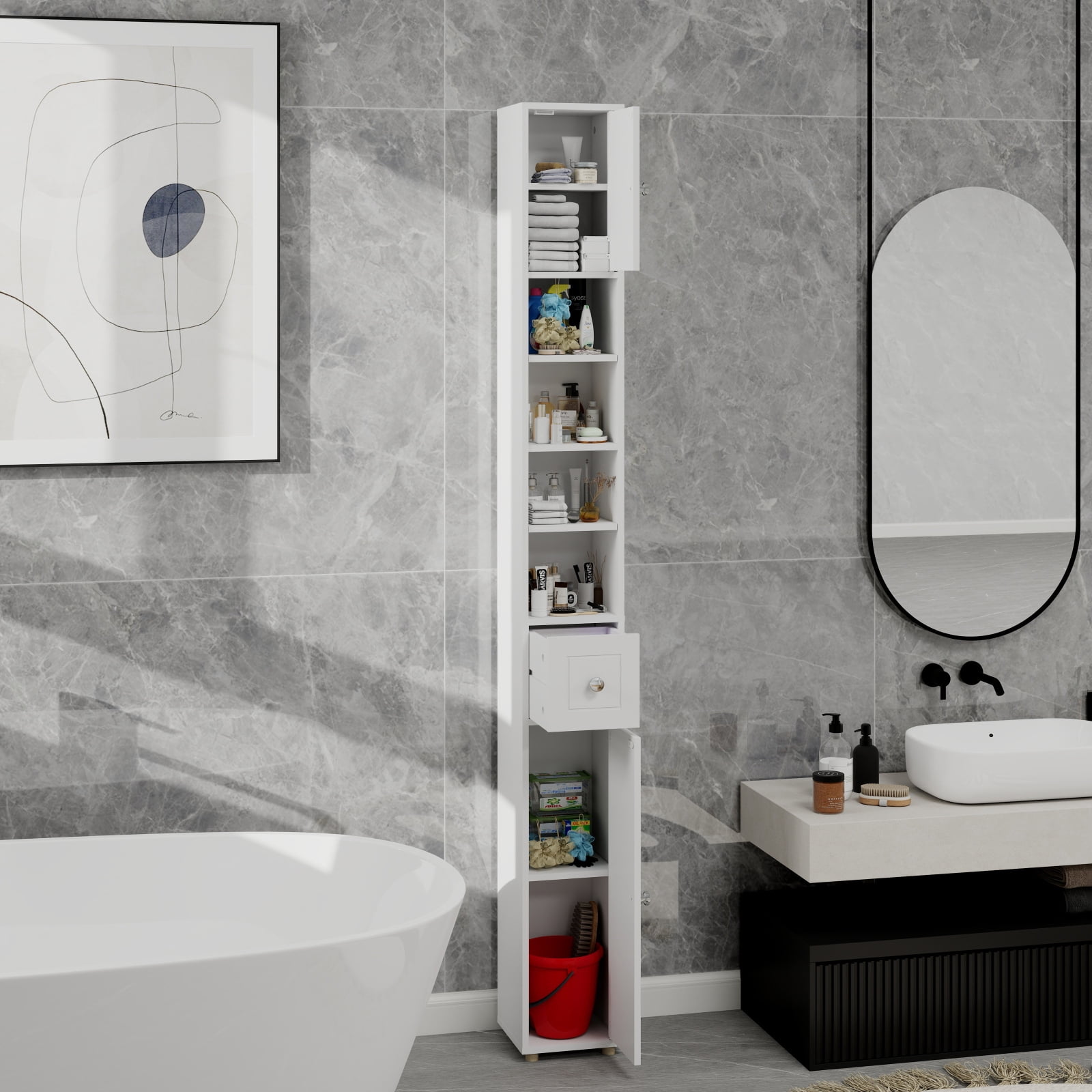 Ktaxon 71'' Slim Bathroom Storage Cabinet Freestanding with 1 Drawer, 2 Doors and 4 Adjustable Shelves, White