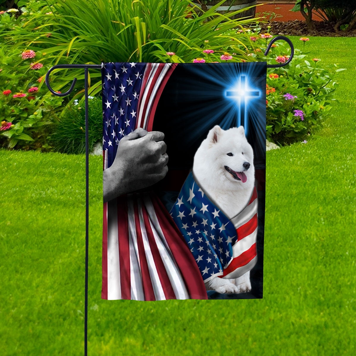 Hand Pulling USA Flag Samoyed Dog Wearing Flag American Standing under Cross Christian Patriotic House Flag (3x5) Double Sided- Premium Polyester-Decorative Indoor Outdoor Flag
