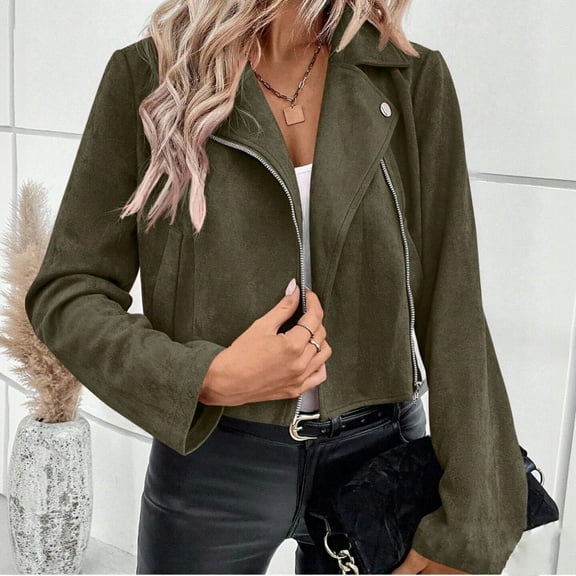 Zedker Women'S Casual Zip Up Front Stand Collar Jackets with Pockets,Fashion Solid Color Long Sleeve Outerwear Hoodless Classic Fall Coats,Green,XXL