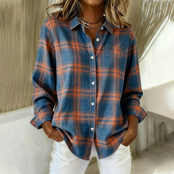 DailyTrove Womens Winter Blue Orange Plaid Button Shirt - Long Sleeve Loose Fit, Casual Daily Wear,Blue,L