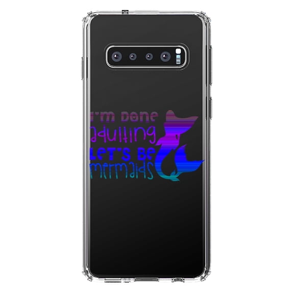 DistinctInk Clear Shockproof Hybrid Case for Samsung Galaxy S10 (6.1" Screen) - TPU Bumper Acrylic Back Tempered Glass Screen Protector - I'm Done Adulting Let's Be Mermaids