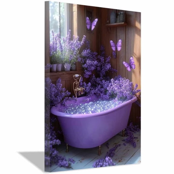 Mudket Rustic Purple Lavender Bathtub Canvas Wall Art, Farmhouse Bathroom Floral Wall Decor, Butterfly and Flower Pictures for Bathroom, Framed Ready to Hang Wall Art - 12"L x 8"W