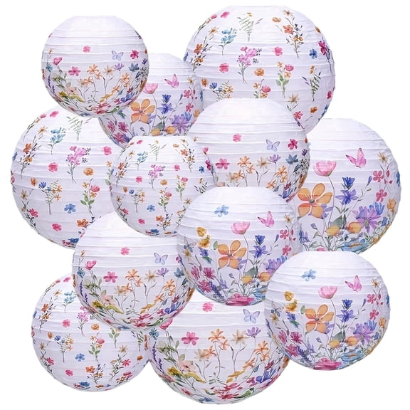 12 Pcs Wildflower Paper Lantern Set Floral Party Decorations Flower Paper for Springtime Outdoor Camping Decorations, Birthday and Tea Party Supplies