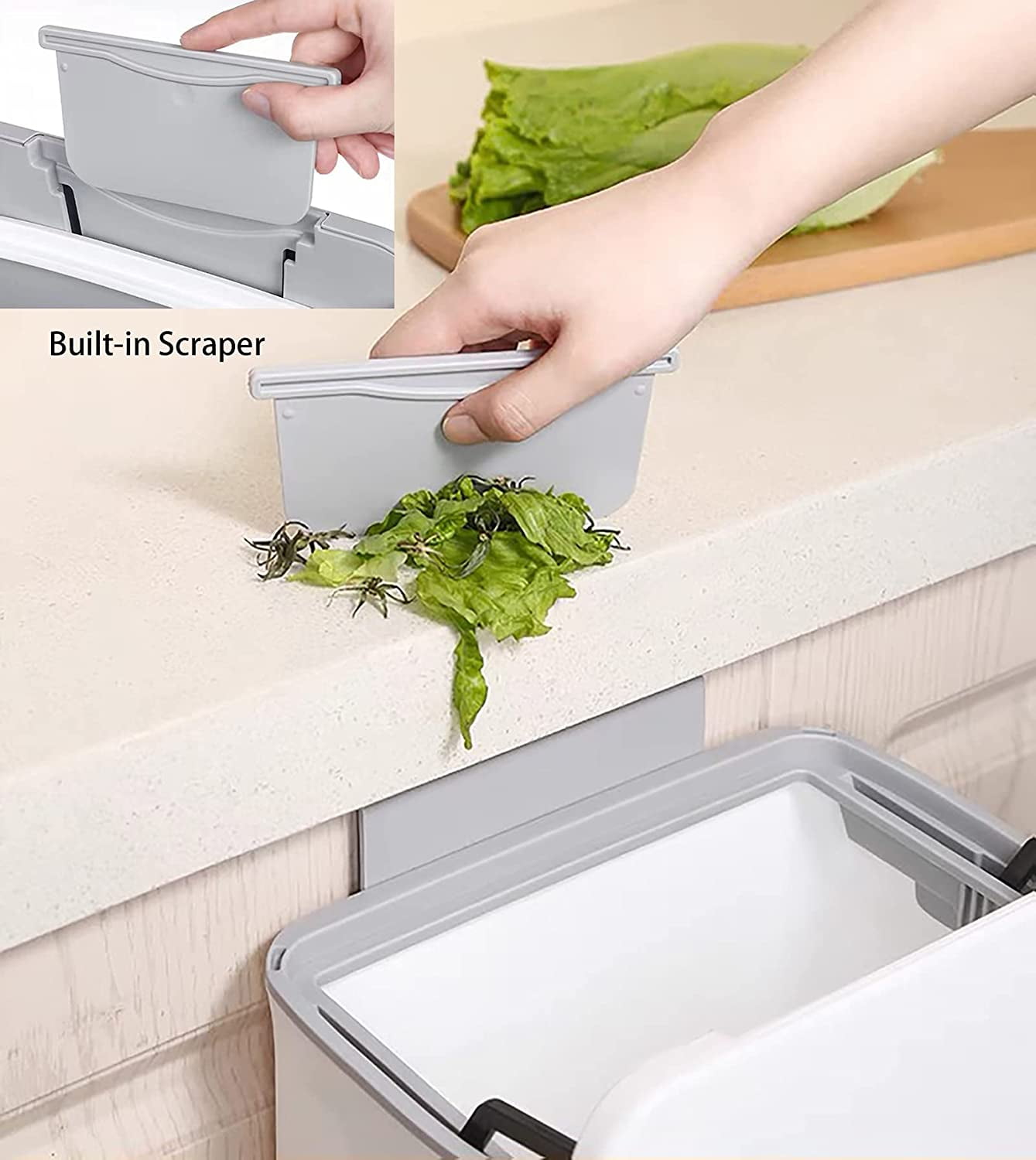 Gray 2 PCS--2.4 Gallon Kitchen Compost Bin for Counter Top or Under Sink Hanging Small Trash Can with Lid for Cupboard/Bathroom/ Mountable Indoor Garbage bin 