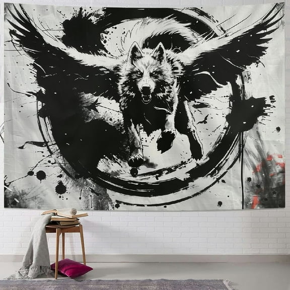 PRATYUS Fantasy Wolf Tapestry Night Forest Black White Tapestries Wall Hanging Blanket Wild Animal Wall Tapestry for Kids Bedroom Living Room Dorm Party Wall Decor Poster Painting