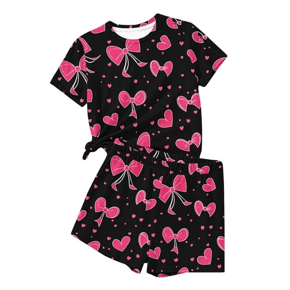 CYRBOKO Girls Athletic Outfit Sets, Elastic Waist Crew Neck Summer Short Sleeve Comfy Two-piece Sets Multicolor Size 7-8 T