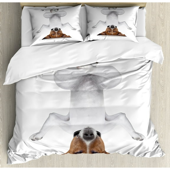 Yoga Duvet Cover Set, Dog Upside down Relaxing Closed Eyes Meditating Calm Therapy Humor Animal Print, Decorative 3 Piece Bedding Set with 2 Pillow Shams, King Size, White Brown, by Ambesonne