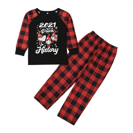 

MERSARIPHY Christmas Family Pajamas Set Plaid Letter Print Long Sleeve O-neck T-shirt Trousers Romper