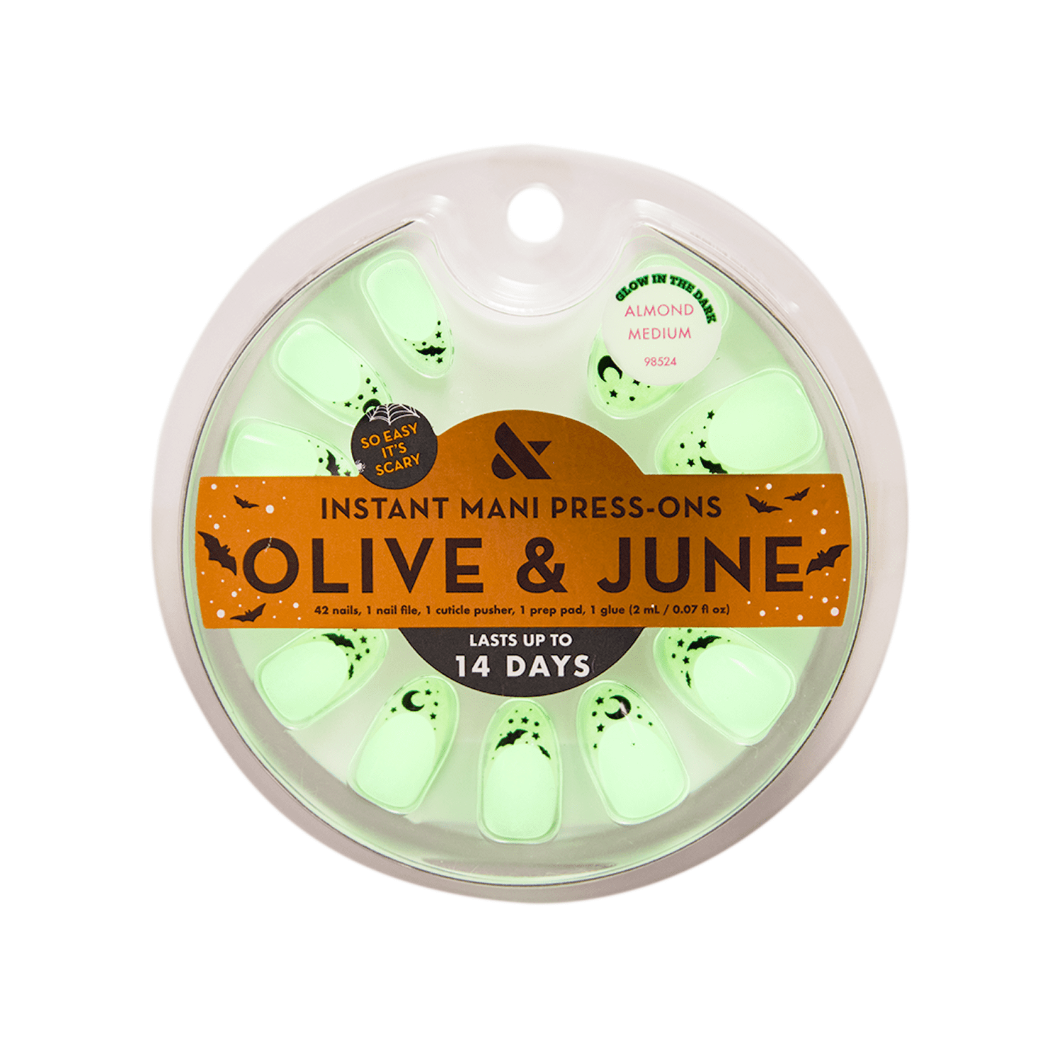 Olive & June Instant Mani Glow in the Dark Medium Almond Press-On Nails, Witching Hour French, 42 Pieces