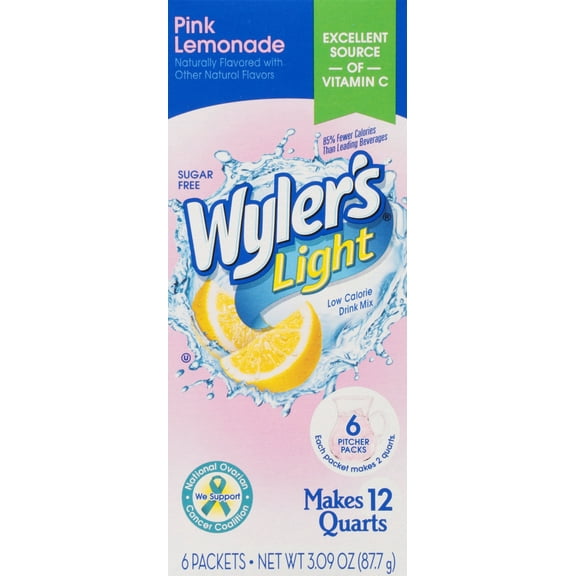 Wylers Light Pink Lemonade, Singles To Go, Low Calorie Drink Mix, 3.09 oz, 6 Count Packets