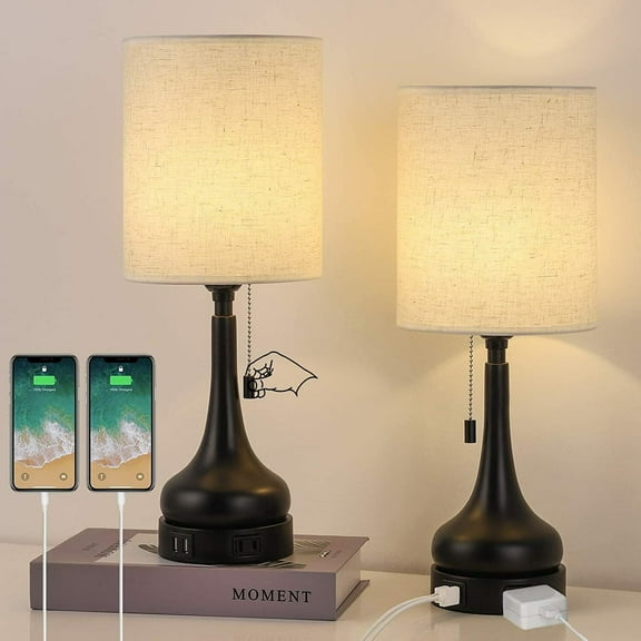 Set of 2 Bedside Lamps with Dual USB & Outlet- USB Lamps with Pull Chain Switch