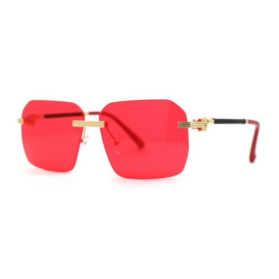 Mens Luxury Rimless Pimp Baller Rectangle Sunglasses Gold Red