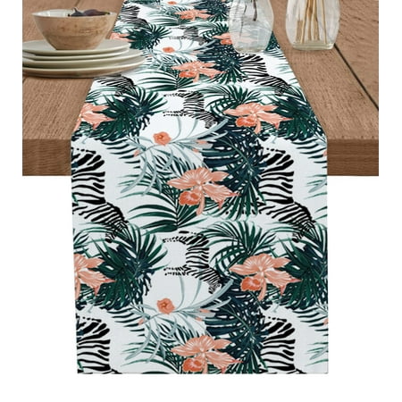 

Turtle Plant Flowers Zebra Table Runner Wedding Decor Table Cover Dinner Holiday Party Cotton Linen Tablecloth