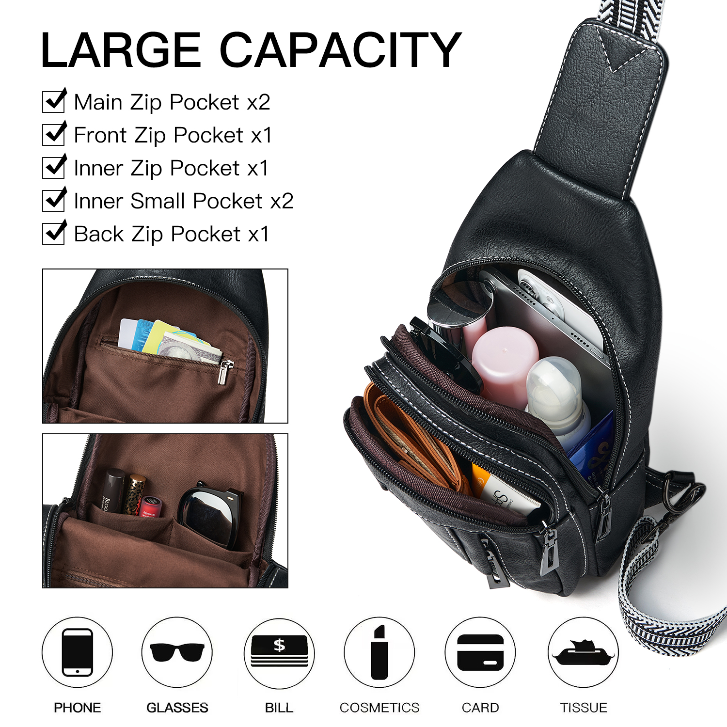 7L Sling Bag for Women & Men, Leather Anti-Theft Crossbody Backpack, Small Daypack Fanny Pack for Travel, Hiking, and Work