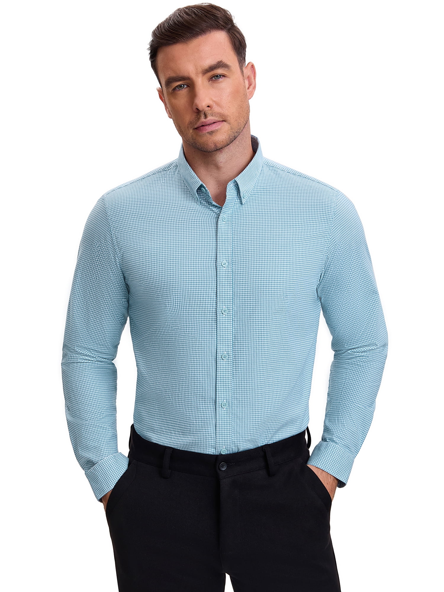 DARING DIVA Men's Plaid Long Sleeved Button Down Houndstooth Dress Shirts M Light Green