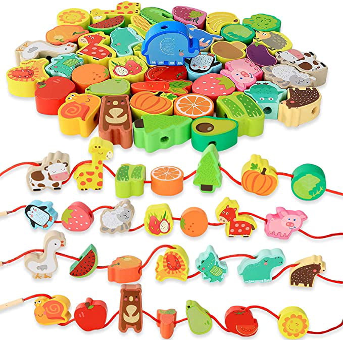 Jumbo Lacing & Stringing Wooden Beads Animals with String Packaged With Metal H 