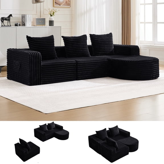 102" Boneless Sectional Cloud Couch,L-Shape with Chaise,Stoft Faux Fur Deep Sea,Modern Modular Sofa for Living Room