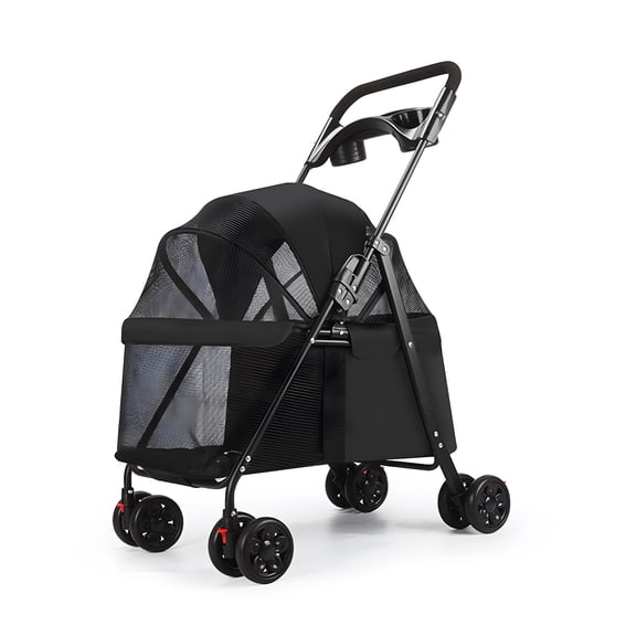 Lanzxjv 4 Wheels Dog Cat Stroller, Outdoor Travel Pet Folding Stroller, Dog Cat Cage Stroller with Cup Holder, Visible Window for Medium Small Dog