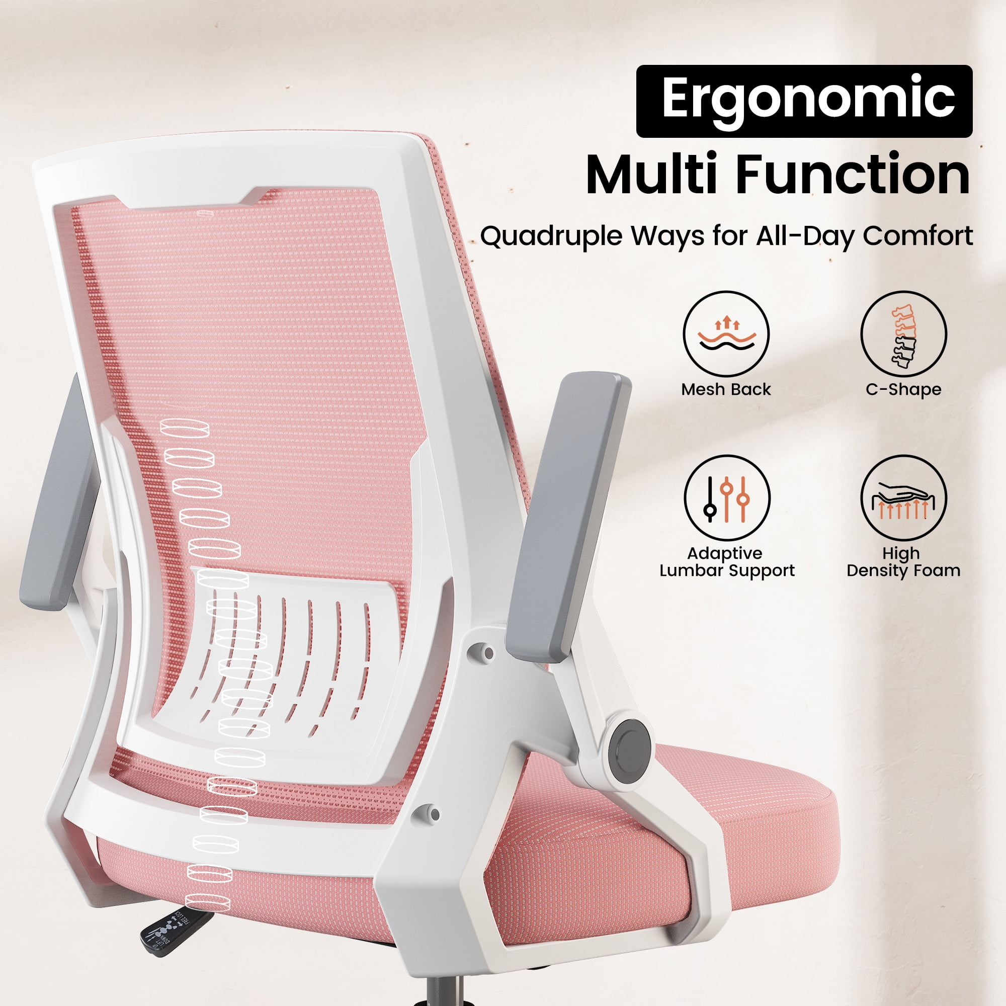 CloudRest Pro Mid Back Mesh Office Chair with Flip-Up Armrests for home office, Pink