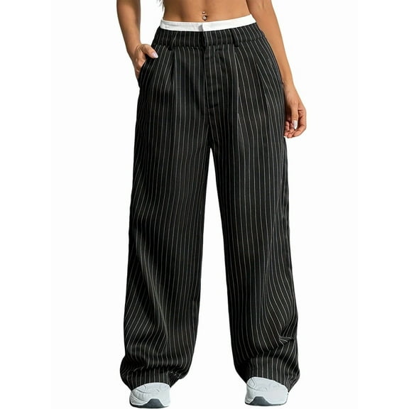 Women'S Striped Pants Color Block High Waisted Wide Leg Casual Work Office Long Trousers Black S