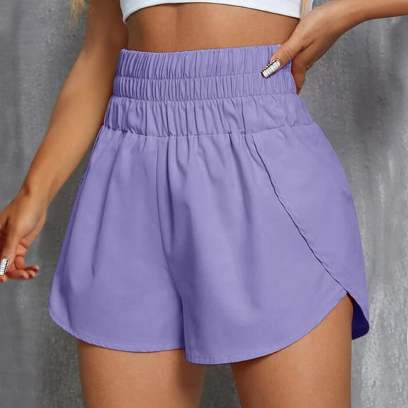 Women's Athletic Shorts High Waisted Running Shorts Gym Elastic Workout Shorts Purple L