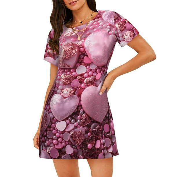 Fotbe Pink Glitter Heart Candy Bata de Dormir para Mujer con Estampado, Camisón de Algodón de Manga Corta, Ropa de Dormir Casual