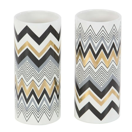 White Cylinder Bottle - Decmode Set of Two - 9 Inch Modern Ceramic Zigzag-Patterned Cylindrical Ceramic Vases, White