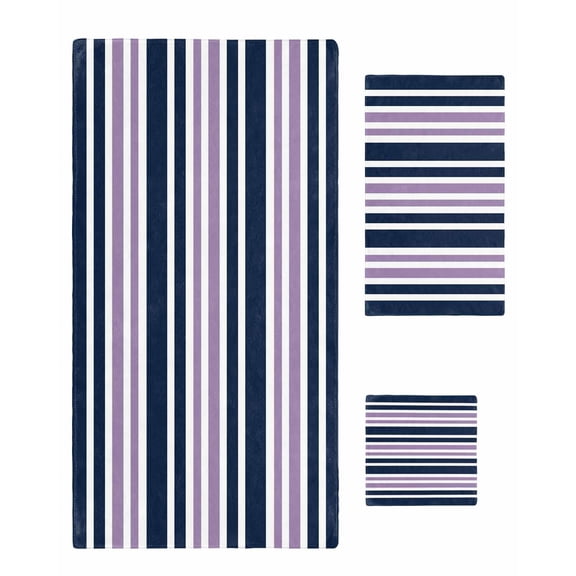 Navy Blue Purple Striped Towel Set of 3, Soft Microfiber Bath Towels, Hand Towel, Washcloths, Gradient Horizontal Lines Quick-Dry Absorbent Towels for Bathroom Kitchen Hotel Beach Gym Spa