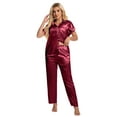 thumbnail image 6 of DAKIMOE Silk Satin Pajamas Set for Women Two-Piece Sleepwear Short Sleeve Pjs Soft Button Down Shirt and Wide Leg Long Pants with Pockets, 6 of 7
