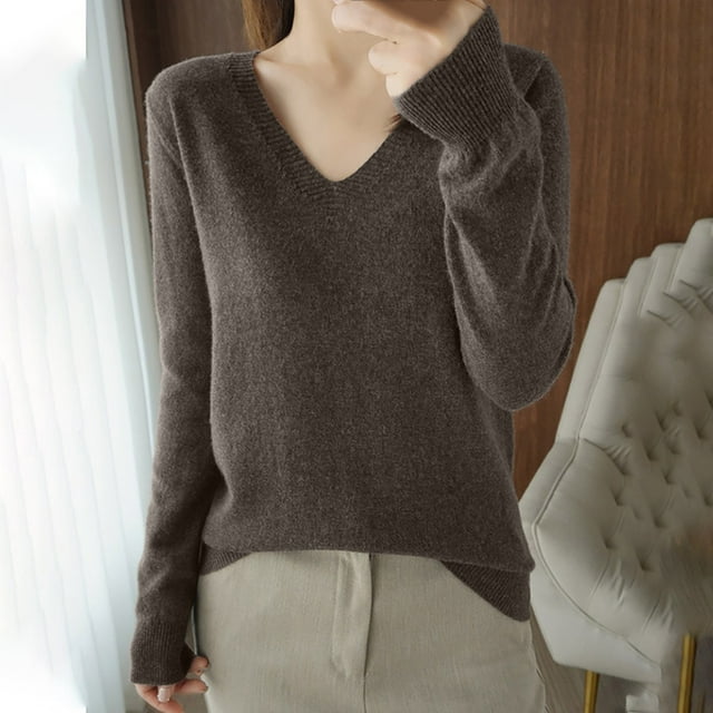 VgaVtl Womens Sweaters Long Sleeve Womens Fall Sweaters 2025 Brown Regular Layering Solid Color Lightweight Sweaters