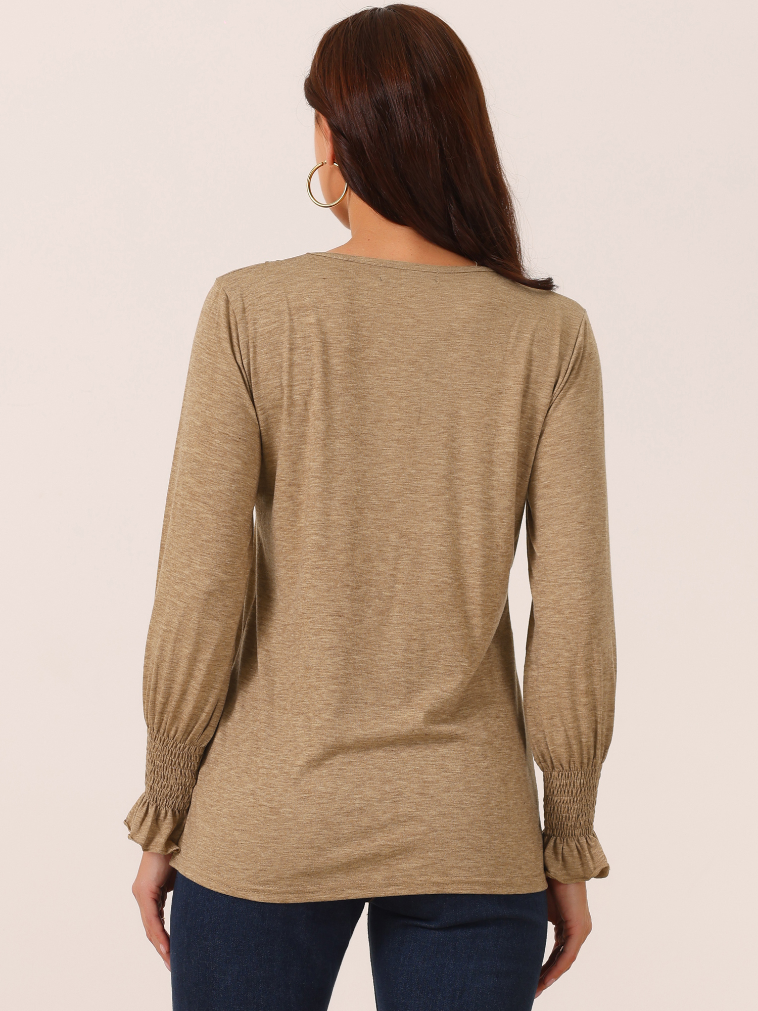 DARING DIVA Women's V Neck Long Sleeve Smocked Cuff Casual Tops XL Brown