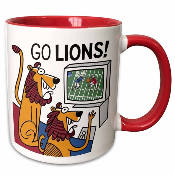 3drose, Funny Cool Lions Watching Football Game on Tv Sports Satire, 11oz Two-tone Red Mug