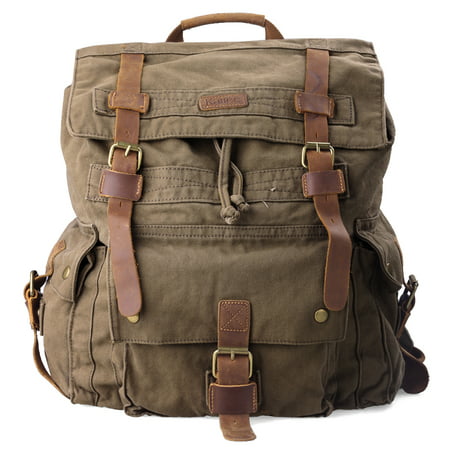 Kattee Men’s Leather Canvas Backpack Large School Bag Travel Rucksack (Army