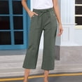 thumbnail image 2 of Outfmvch Flowy Pants Cotton Linen Pants Pull On Elastic Capris Drawstring with Pockets Straight Wide Leg Flowy Pants for Women Petite Women High Waisted Wide Leg Wide Leg Crop Pants Green 1 S-3XL, 2 of 5