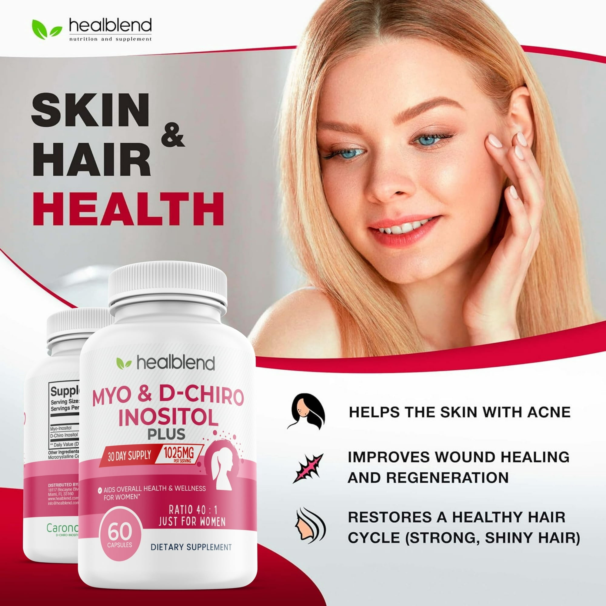 Healblend Myo Inositol & D-Chiro Inositol Plus Supplement - Support Hormonal Balance, Fertility & Healthy Ovarian Function for Women - 60 Capsules (3 Pack)