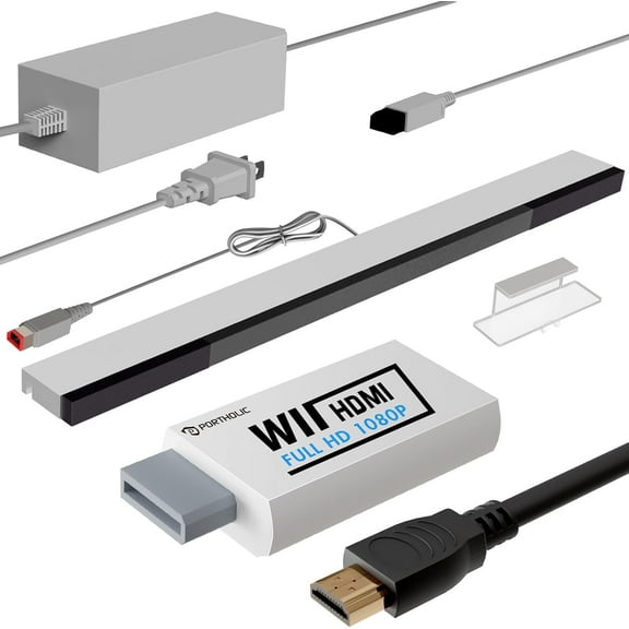 4 in 1 Wii Replacement Cables Set, PORTHOLIC Wii AC Power Adapter Wii to hdmi Converter Wired Motion Sensor Bar and Composite Audio Video Cable for Nintendo Wii