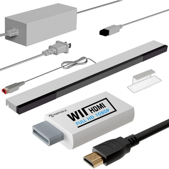 Ensemble de Câbles de Remplacement 4 en 1 Wii, Adaptateur Secteur Wii PORTHOLIC + Convertisseur Wii vers hdmi + Barre de Capteur de Mouvement Filaire et Câble Audio Vidéo Composite pour Nintendo Wii