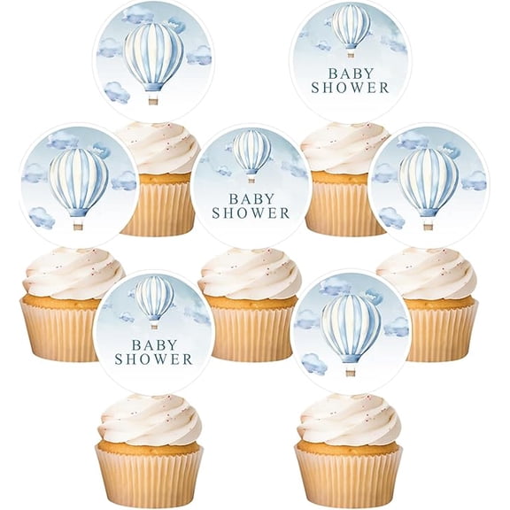 24PCS Hot Air Balloon Cupcake Toppers Blue White Sky Cloud Hot Air Balloon Baby Shower Decorations Adventure Awaits Cake Picks for Hot Air Balloon Theme Birthday Baby Shower Party Decoration Supplies