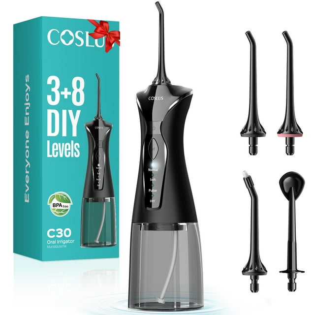 Irrigador bucal portátil recargable con sistema de irrigación bucal de alta presión para la limpieza dental. IPX7. Depósito de agua de 300 ml. Ideal para el hogar y viajes.