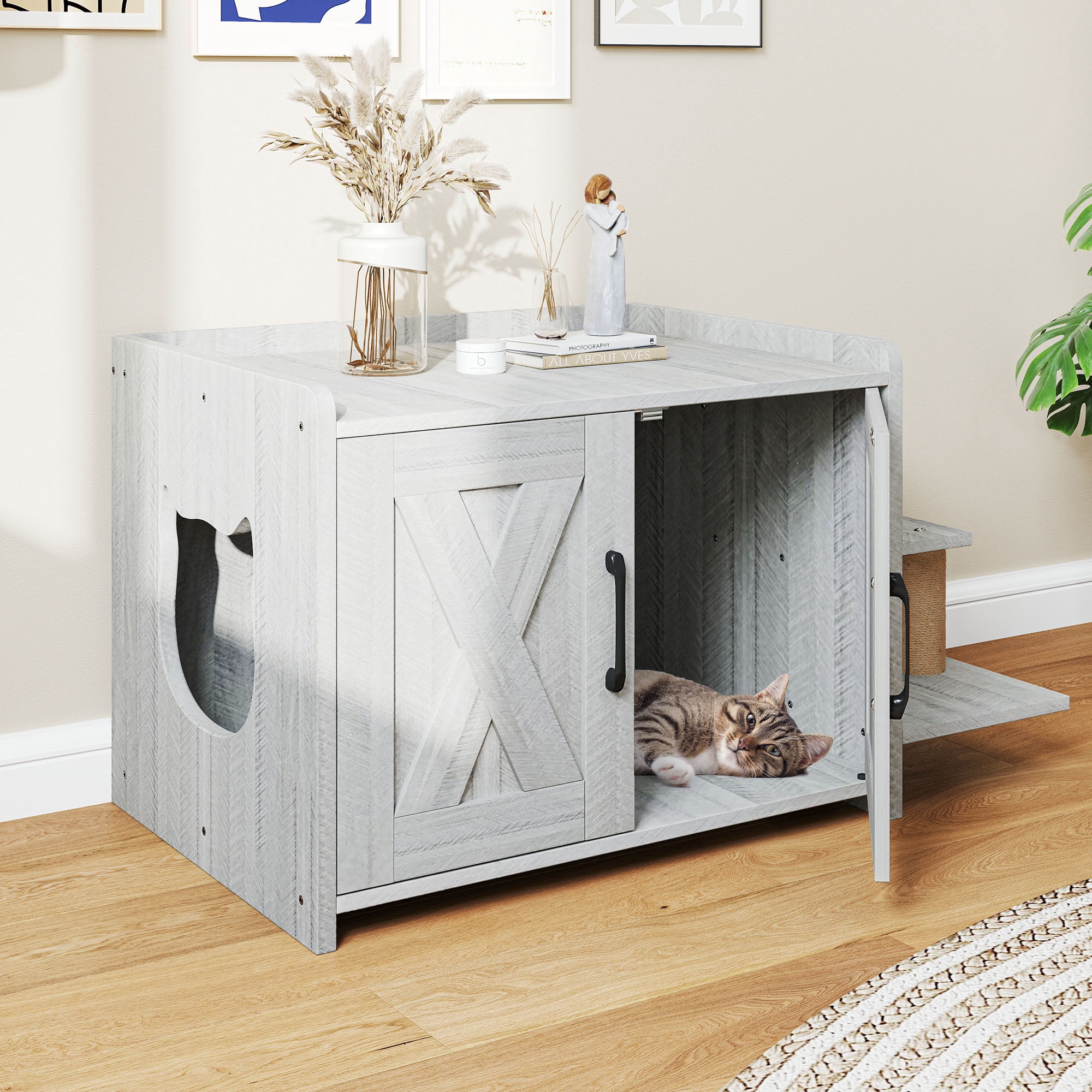 Uforic 27" Cat Litter Box Enclosure, Wooden Cat House Furniture with Scratching Posts & Plush Cushion, Gray