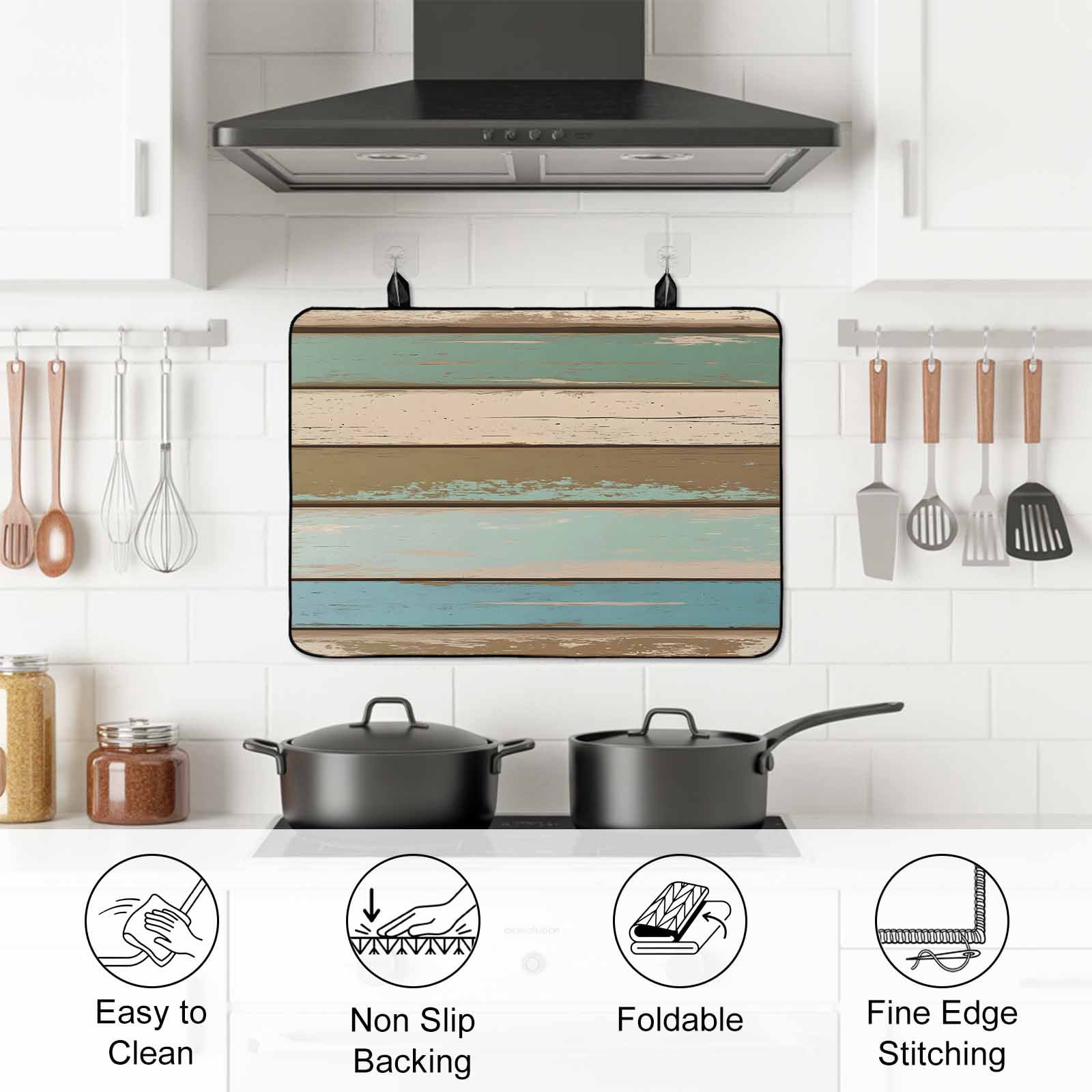 Green Blue Brown Farmhouse Stove Top Cover for Electric Stove, Heat-proof & Non Slip Glass Top Stove Cover Protector, Vintage Wood Kitchen Flat Cooktop Rubber Mat 24x21 Inches