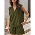 thumbnail image 3 of Fancyglim Two Piece Outfits for Women V Neck Lounge Sets Sleeveless Tops and Shorts Set with Pockets Army Green Medium, 3 of 5