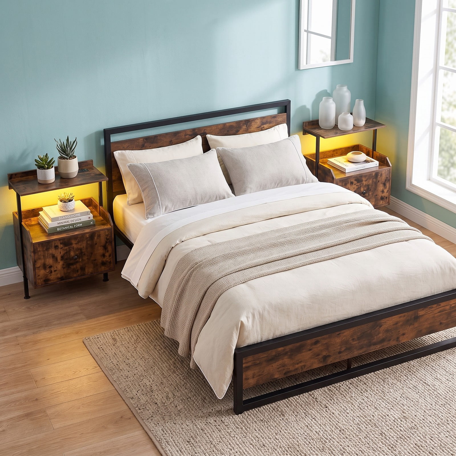 Furnibear Wall-mounted Nightstand with LED Lights and Charging Station, Floating Bedside Table with Open Shelves and Storage Drawer, Rustic Brown
