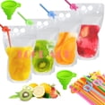 thumbnail image 1 of ZAKASEA 100 Bolsas de Bebidas, Con Popote y Embudo, 500ml Bolsas para Jugo Transparentes con Pajita, Bolsas de Bebidas Selladas de Grado Alimenticio, Adecuado para Bebidas Fr&iacute;as y Calientes, 1 of 9