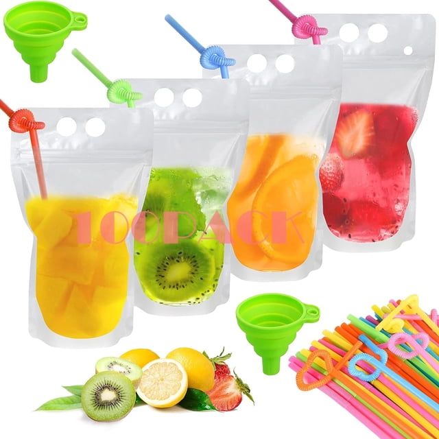 ZAKASEA 100 Bolsas de Bebidas, Con Popote y Embudo, 500ml Bolsas para Jugo Transparentes con Pajita, Bolsas de Bebidas Selladas de Grado Alimenticio, Adecuado para Bebidas Frías y Calientes