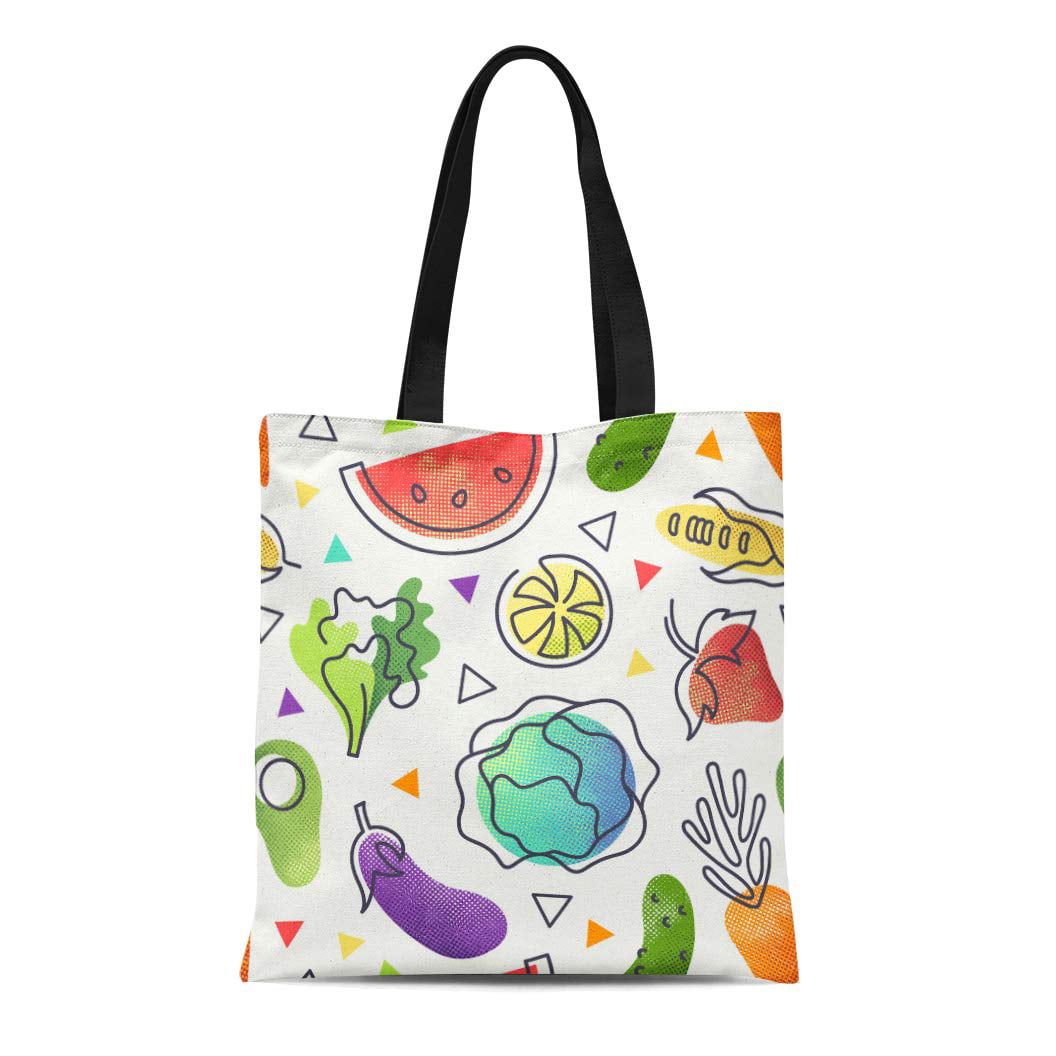 POGLIP Canvas Tote Bag Colorful Fruit and Vegetables Vegetarian Food Pattern Vegan Bright ...