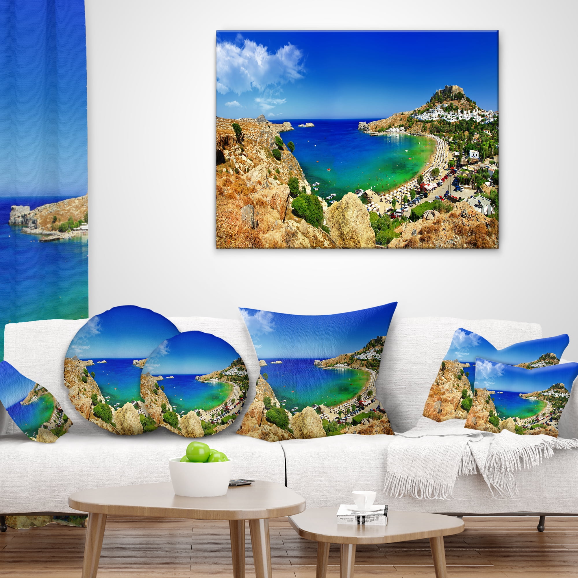 Designart Lindos Bay Greece Panorama - Landscape Photography Throw Pillow - 18x18